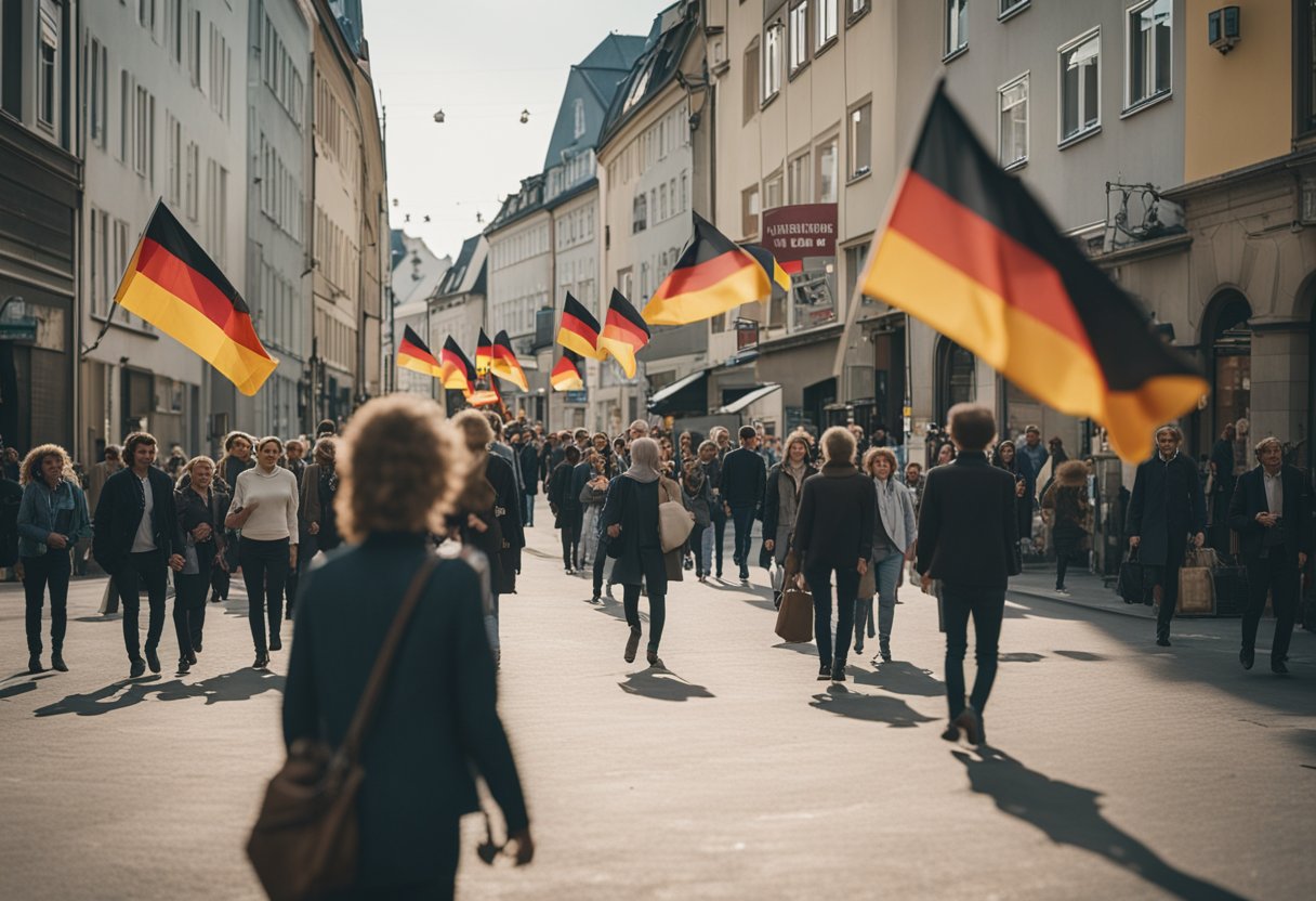 Die Berliner sprechen Deutsch. Schauplatz: Eine belebte Straße mit deutschen Schildern, Menschen, die sich auf Deutsch unterhalten, und einer wehenden deutschen Flagge