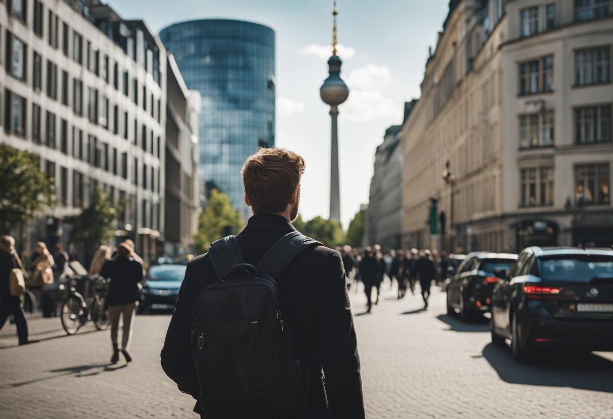 Ein Expat in Berlin bei der Suche nach Stellenangeboten für Englischsprachige. Das Stadtbild mit ikonischen Wahrzeichen im Hintergrund. Belebte Straßen und vielfältige Menschen