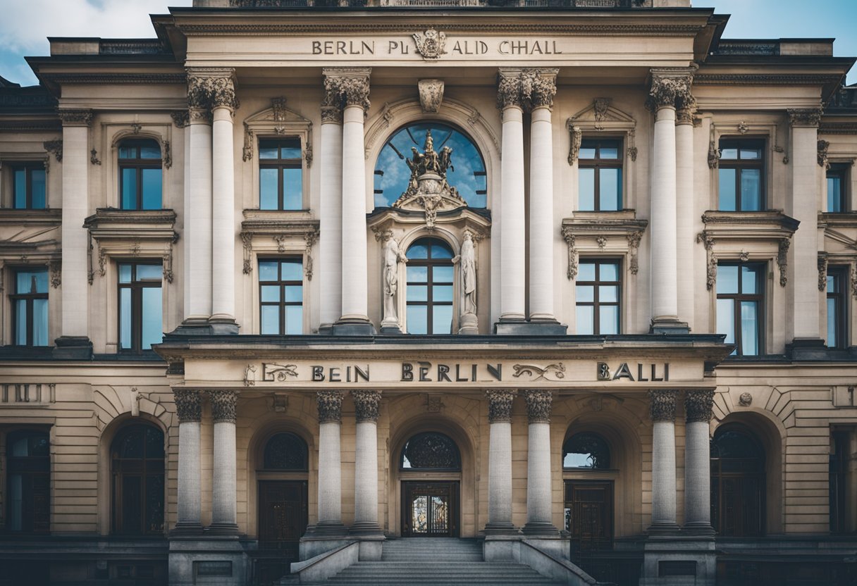 The Berlin City Hall stands tall with its grand neoclassical facade, adorned with intricate sculptures and ornate detailing. The landmark overlooks a bustling square, surrounded by historic buildings and bustling streets