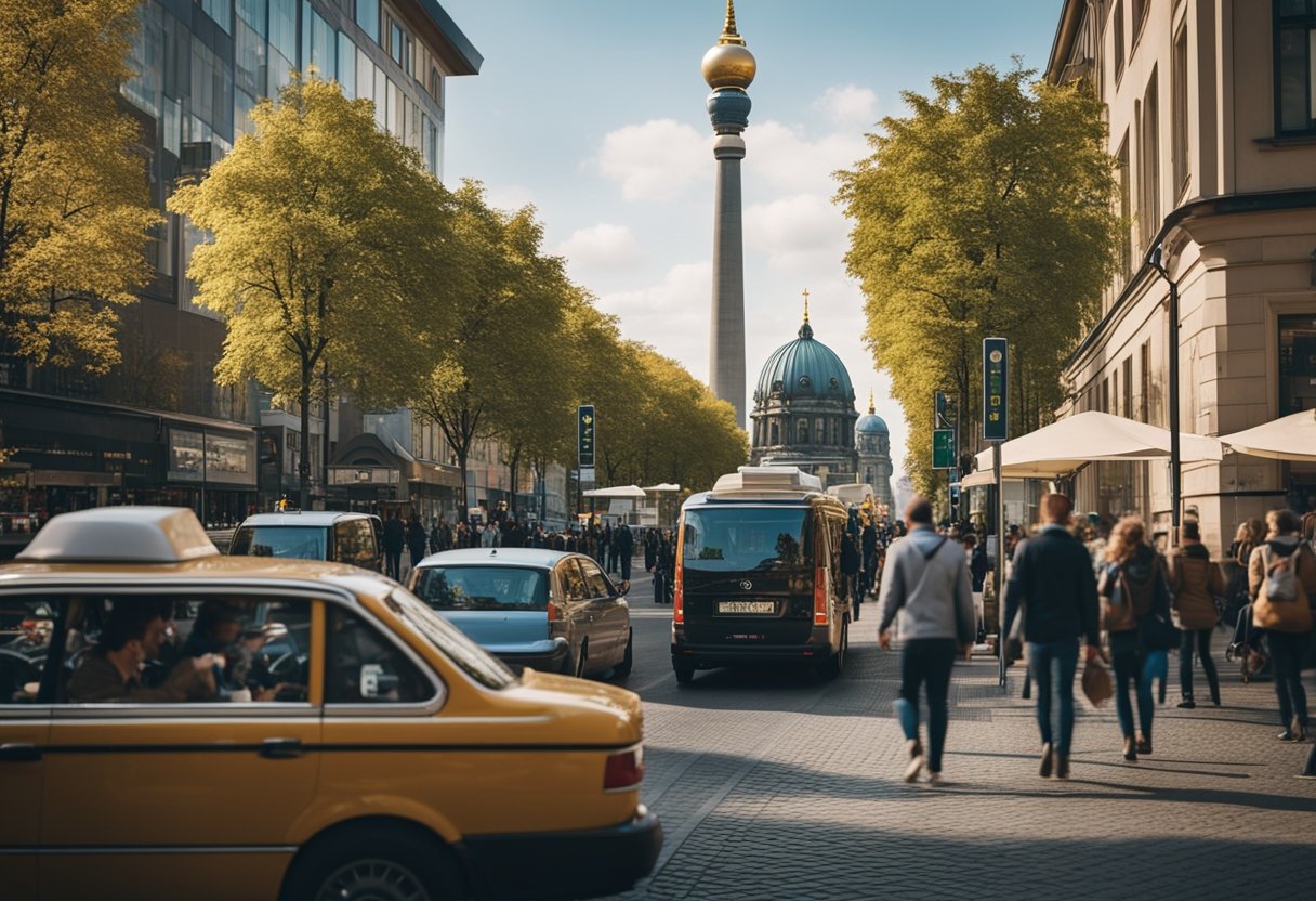 A bustling street in Berlin, with iconic landmarks in the background. A mix of locals and tourists pass by, some enjoying a meal at a popular fast-food chain