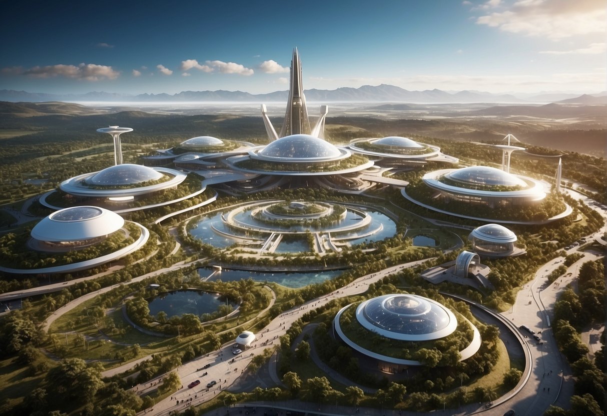 A bustling spaceport with eco-friendly infrastructure and diverse cultural displays, showcasing sustainable tourism practices
