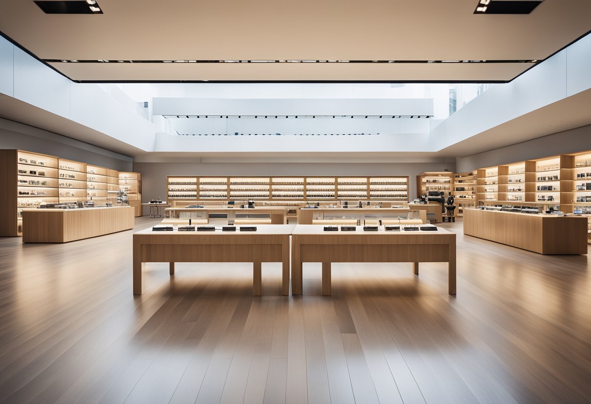 An Apple store in Berlin, Germany with sleek, modern architecture and a vibrant, bustling atmosphere. Displayed products and services are highlighted in the storefront windows