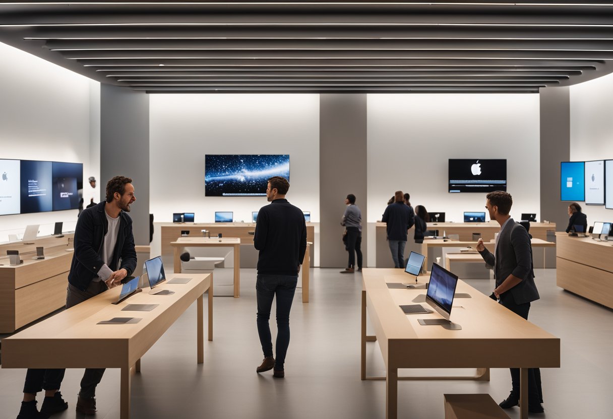 Customers browsing sleek displays at Apple Store Berlin, greeted by staff in modern, minimalist environment