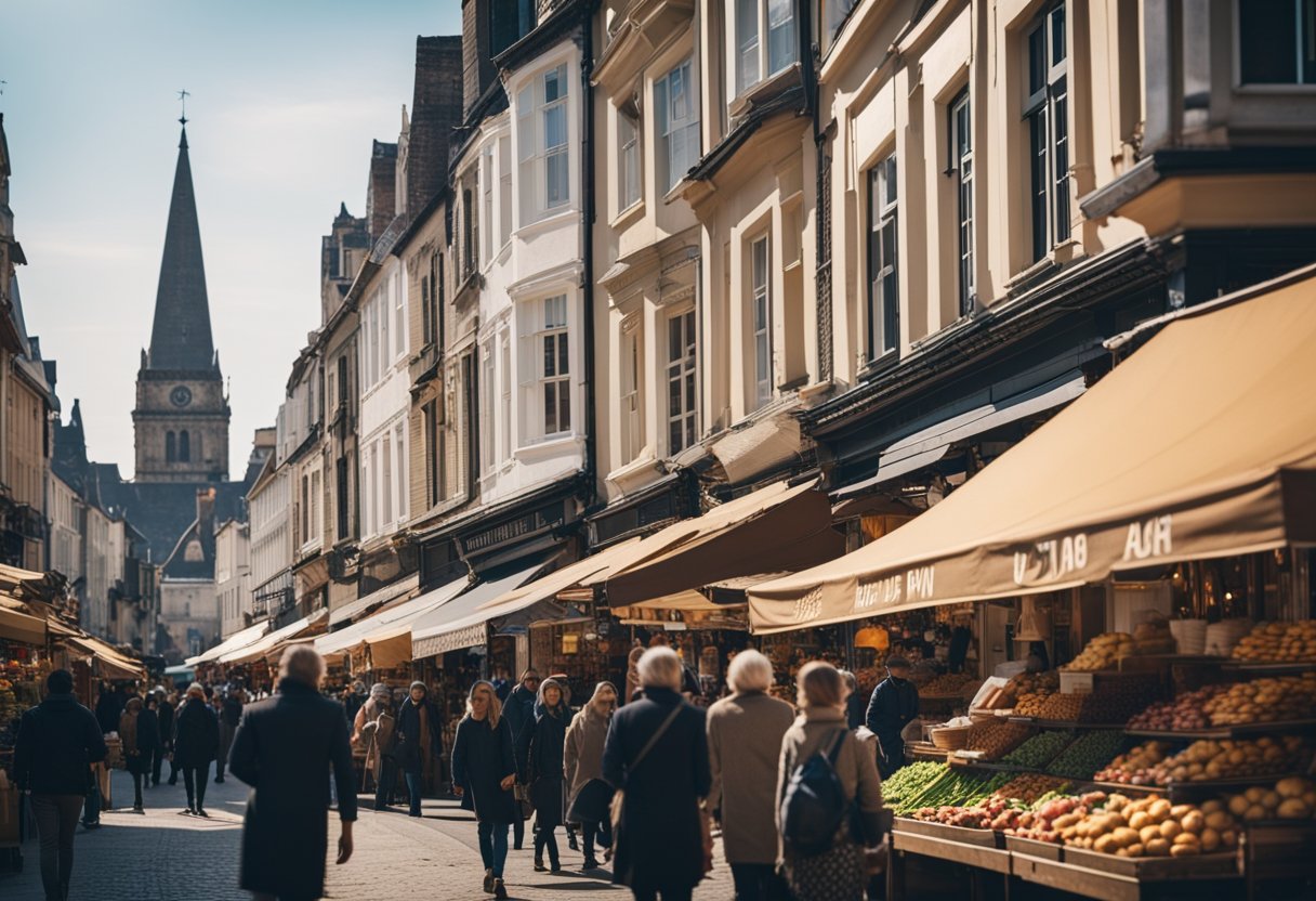 Busy streets lined with quaint shops and bustling market stalls, showcasing a mix of modern and traditional goods. Iconic landmarks and historical buildings provide a backdrop to the vibrant shopping scene
