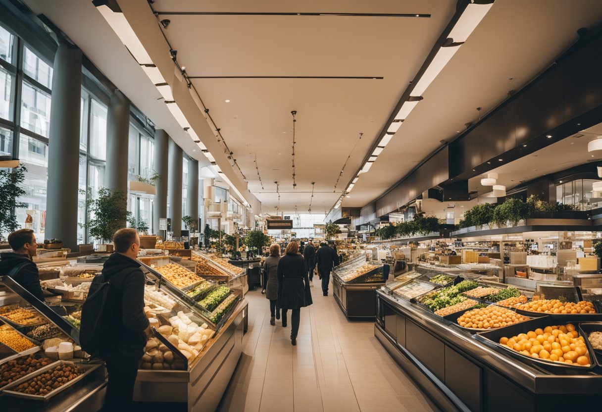 A bustling department store in Berlin, Germany, filled with diverse food experiences and dining options