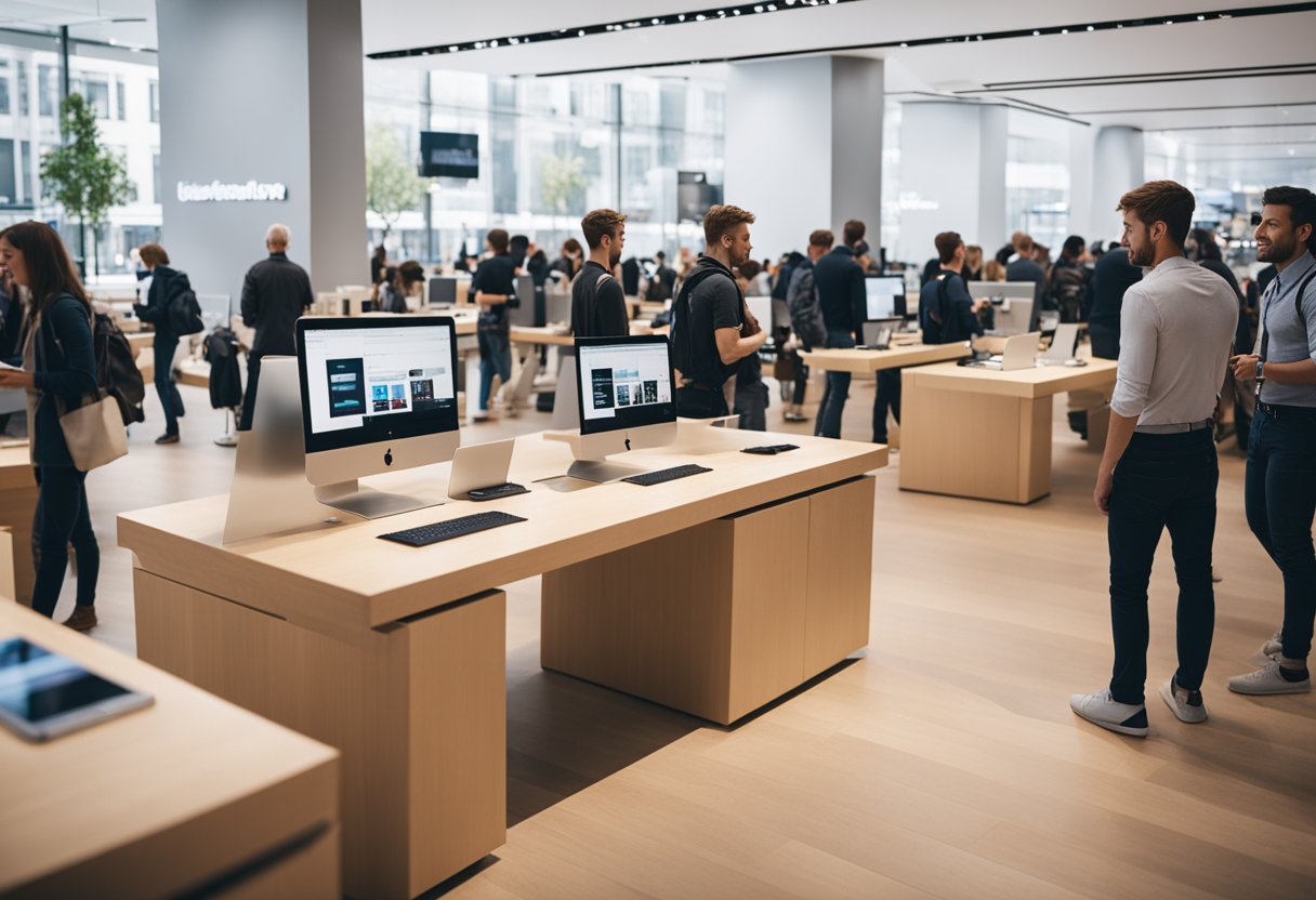 Ein belebter Apple Store in Berlin, Deutschland, voller unterschiedlicher Kunden und Mitarbeiter, der die Schnittstelle zwischen Technologie und Kultur zeigt
