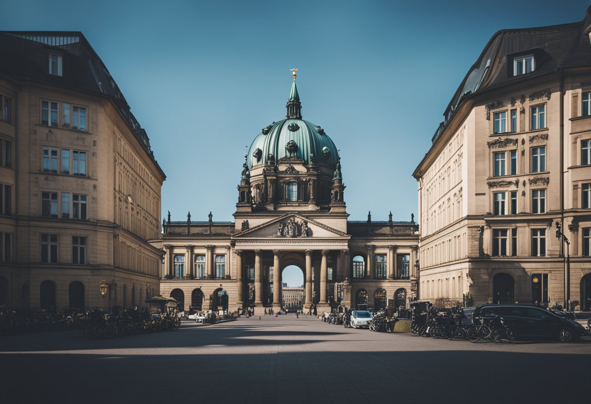 Das Berliner Rathaus erhebt sich inmitten des deutschen Stadtviertels, umgeben von belebten Straßen und modernen Gebäuden