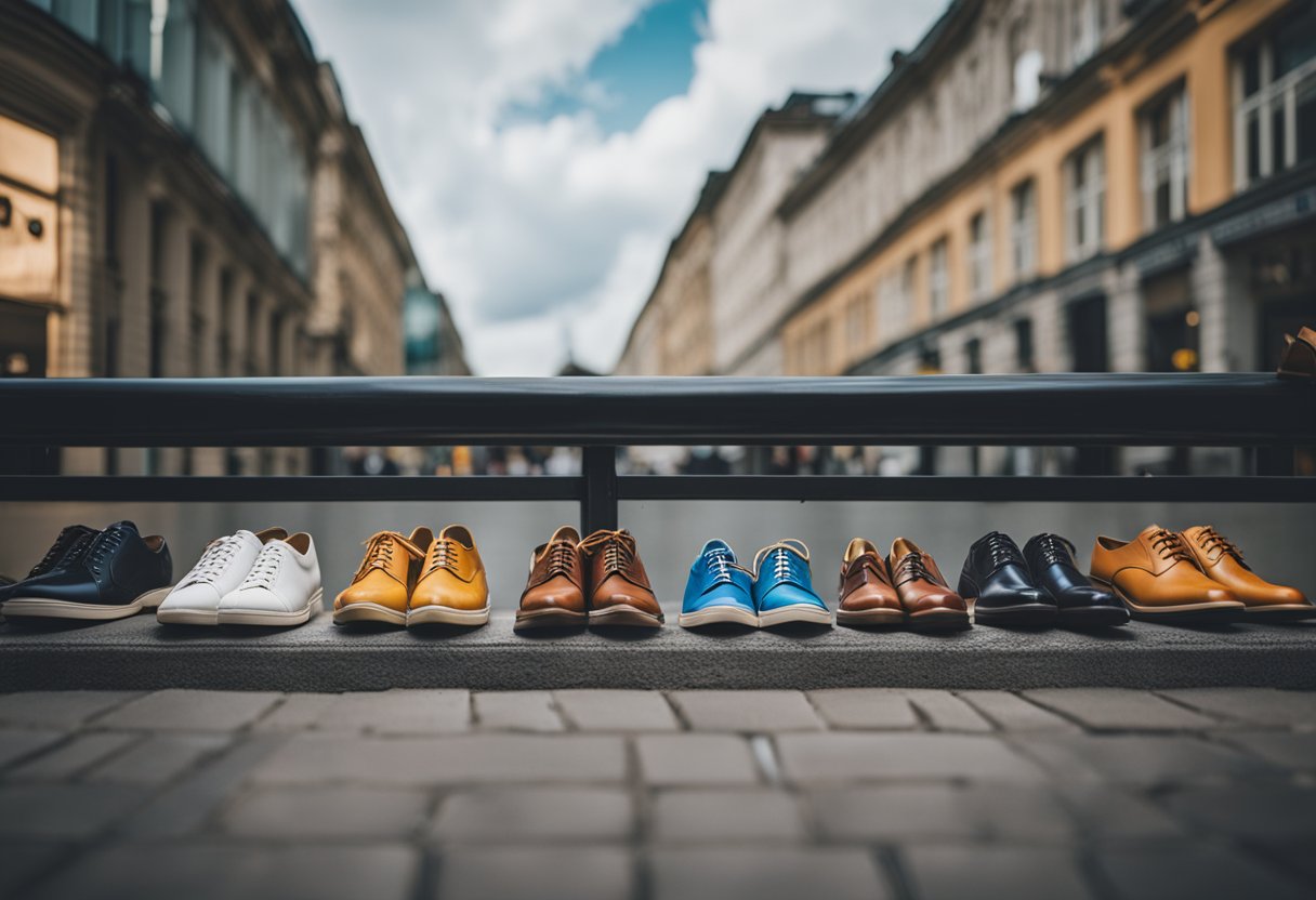 A bustling street in Berlin, with a row of vibrant shoe stores showcasing the city's rich history of footwear retail