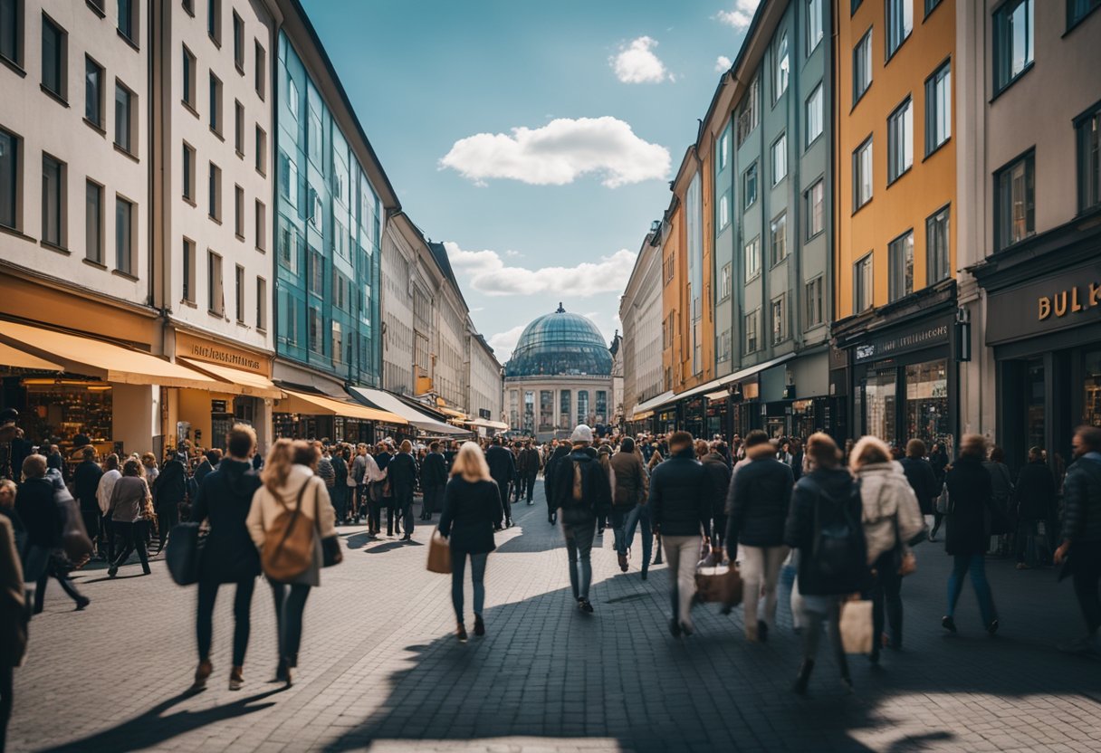 Busy Berlin shopping districts with diverse storefronts and bustling crowds. Vibrant colors and modern architecture create a lively atmosphere