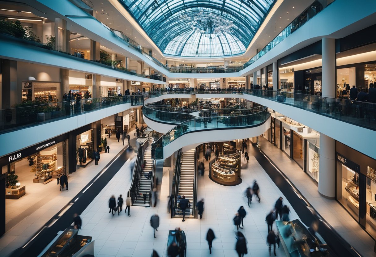 Shopper stöbern durch moderne Geschäfte in einem belebten Berliner Einkaufszentrum, umgeben von trendigen Mode- und Lifestyle-Produkten