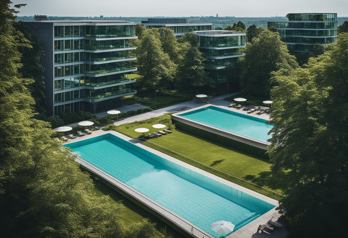 Funkelnde Schwimmbäder in Berlin, Deutschland. Umgeben von üppigem Grün und moderner Architektur, spiegeln die Pools die pulsierende Atmosphäre der Stadt wider