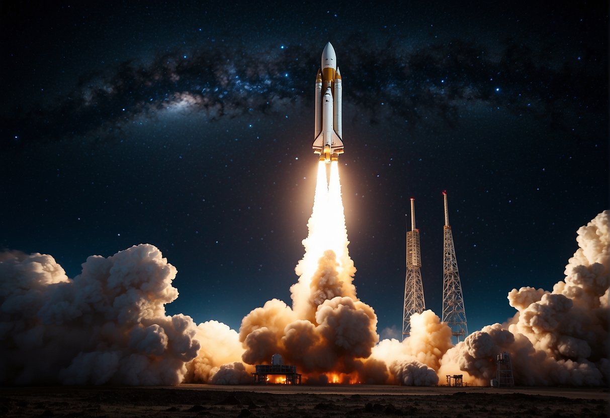 A rocket launches into space, surrounded by a backdrop of stars and planets. The Earth is visible in the distance, highlighting the importance of sustainable space tourism practices