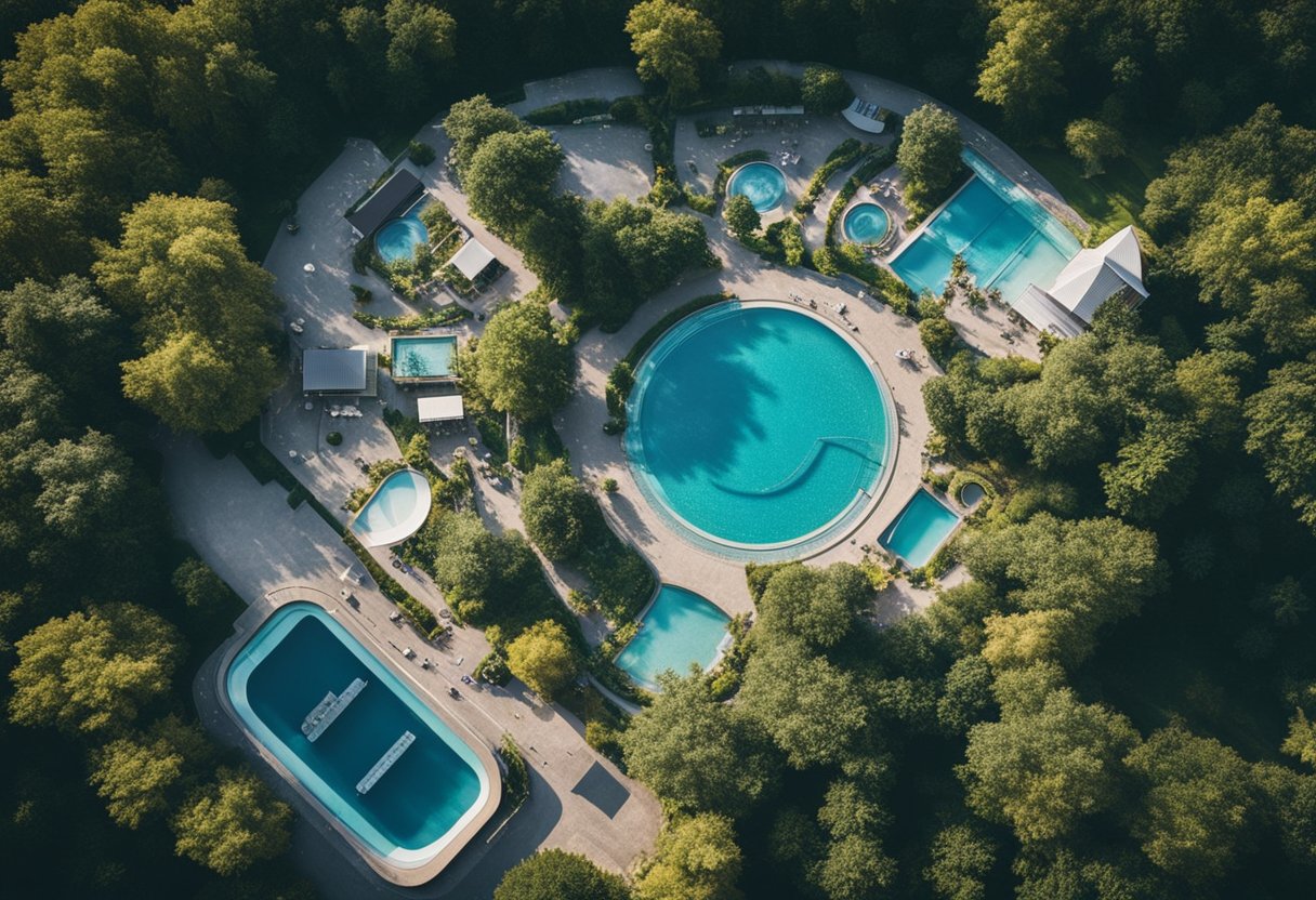 Aerial view of Berlin's various swimming pools, surrounded by lush greenery and filled with clear, sparkling water