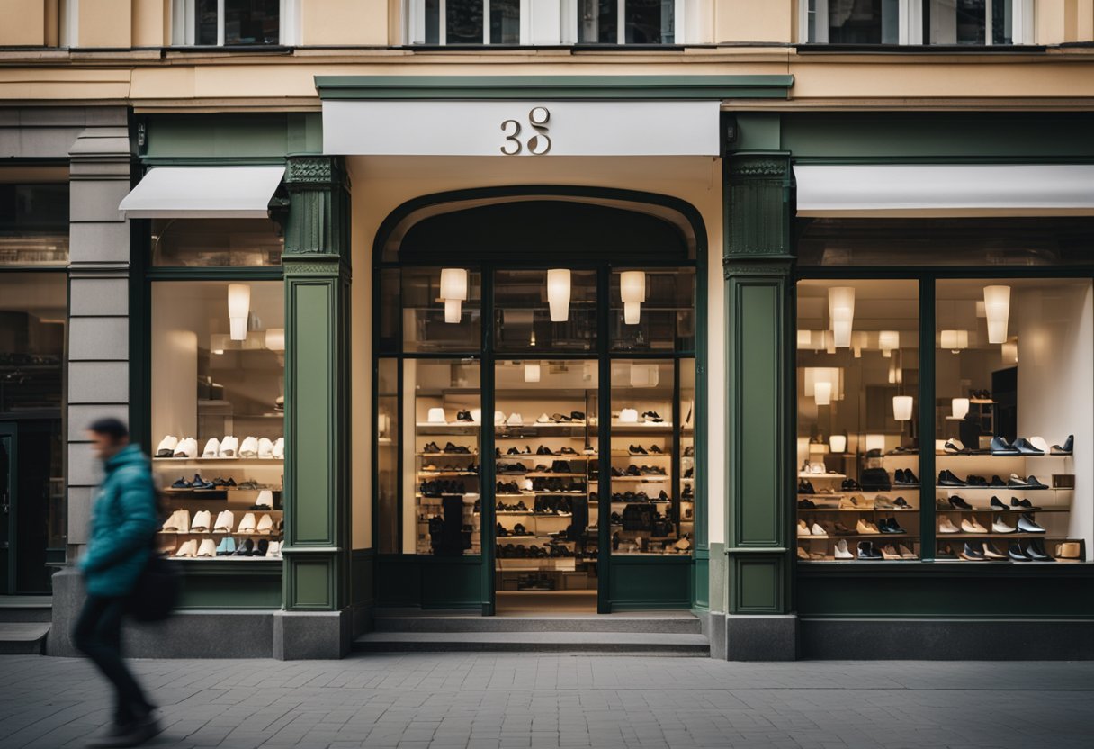 Brightly lit storefronts line the bustling streets of Berlin's popular shoe store districts, showcasing the latest footwear trends and styles