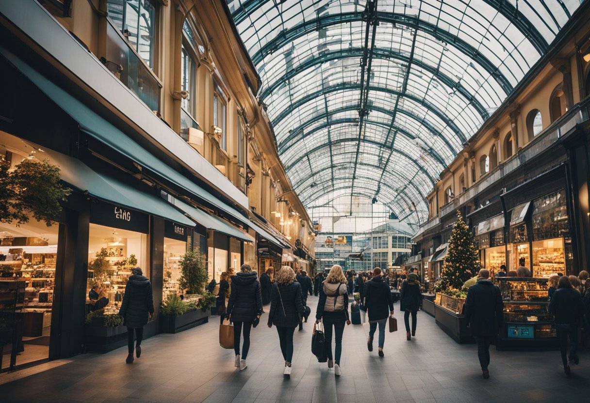 Busy shoppers walk through modern malls with bright lights and colorful storefronts in Berlin, Germany. Outdoor cafes and bustling plazas add to the lively atmosphere