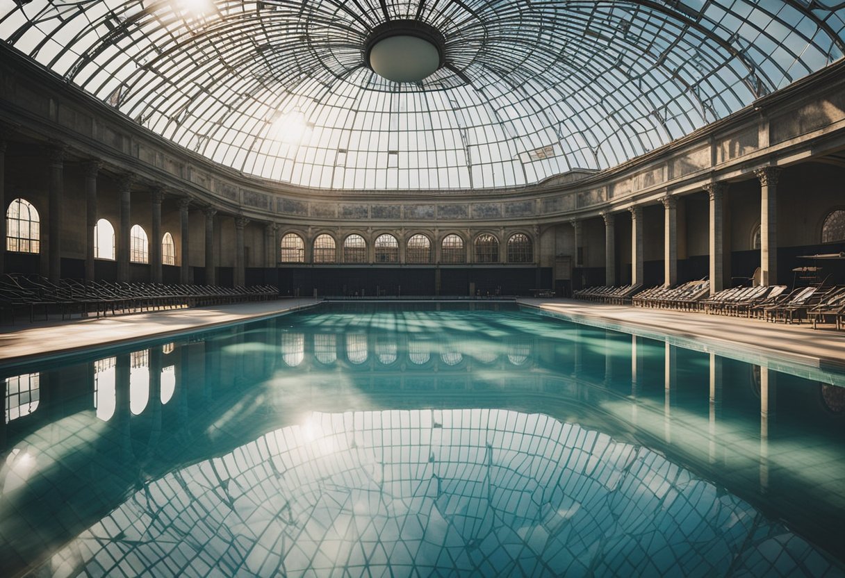 Sunlight reflects off the grand, historic swimming pools in Berlin, showcasing the architectural beauty of the structures against the backdrop of the city skyline