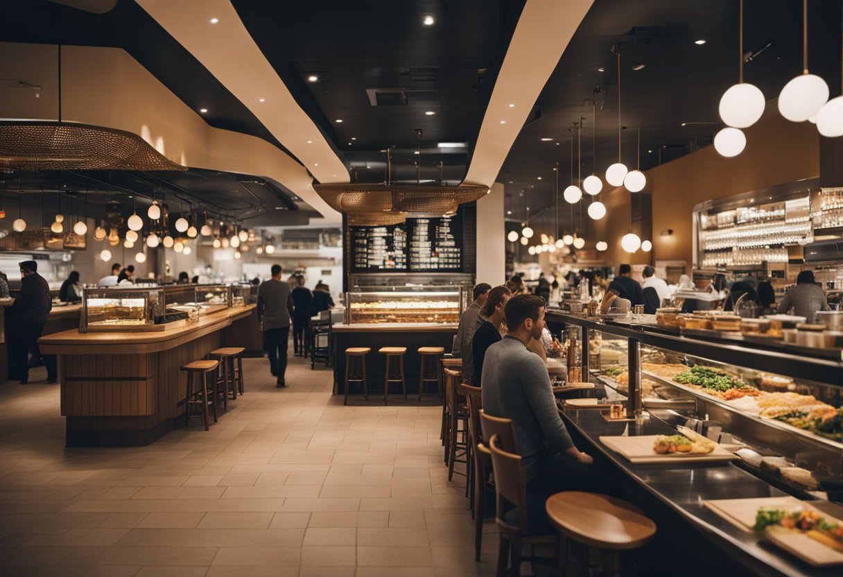 Verschiedene Speisemöglichkeiten in einem belebten Berliner Einkaufszentrum: Sushi-Bar, italienische Trattoria und deutsche Bierhalle. Die Gäste genießen eine vielfältige Küche