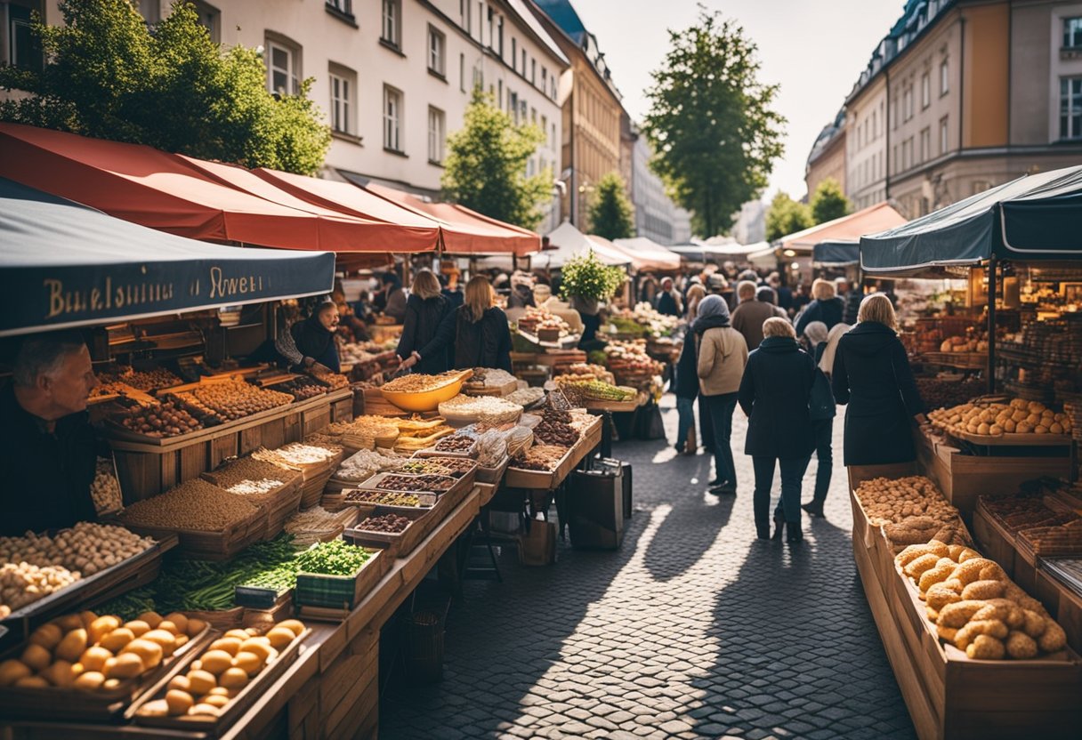 Ein belebter Markt in Berlin, Deutschland, mit Ständen, die traditionelle deutsche Lebensmittel, Biere und Souvenirs verkaufen. Kräftige Farben und lebhafte Atmosphäre