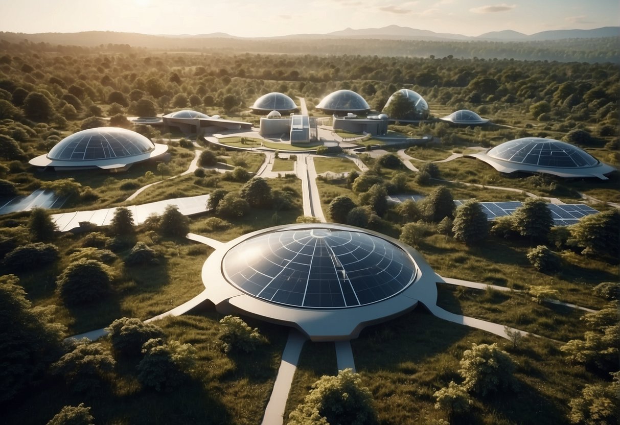 A futuristic spaceport with reusable rockets, solar panels, and recycling facilities. Greenery and wildlife coexist with the high-tech infrastructure