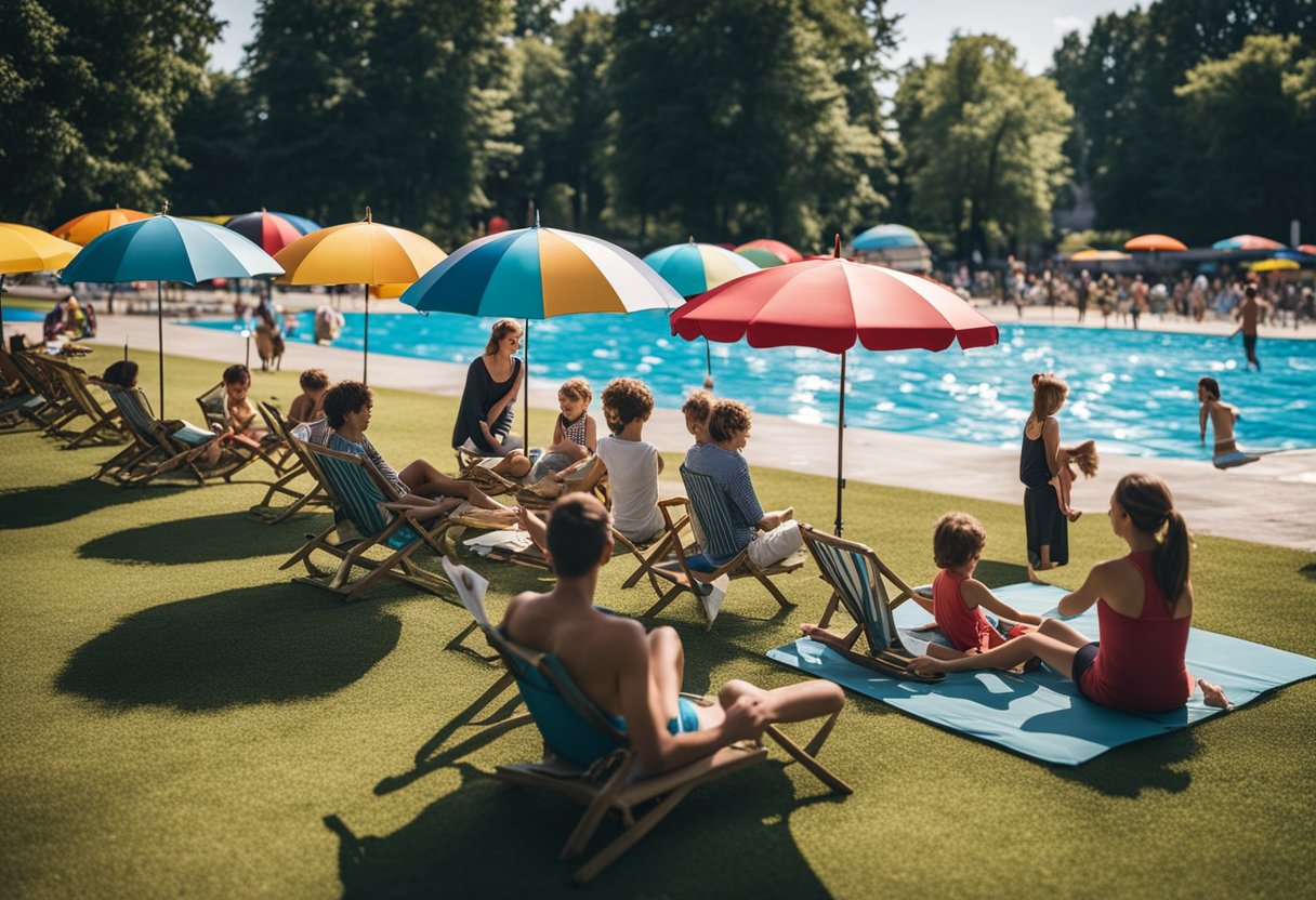Ein sonniger Tag in einem Berliner Schwimmbad, mit bunten Sonnenschirmen, spielenden Kindern und Familien, die am Wasser faulenzen