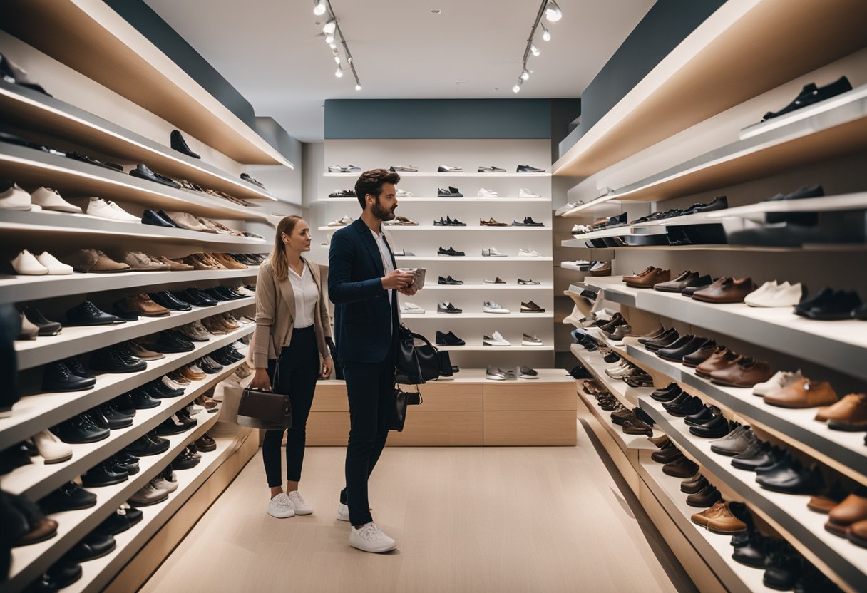 Kunden stöbern in den Regalen, probieren Schuhe an und werden vom Personal in einem modernen Schuhgeschäft in Berlin, Deutschland, beraten