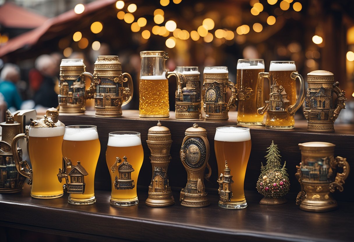 Ein mit Bierkrügen, Kuckucksuhren und traditionellem Weihnachtsschmuck geschmückter Tisch. Ein Schild mit der Aufschrift "Iconic German Souvenirs" steht vor dem belebten Berliner Markt