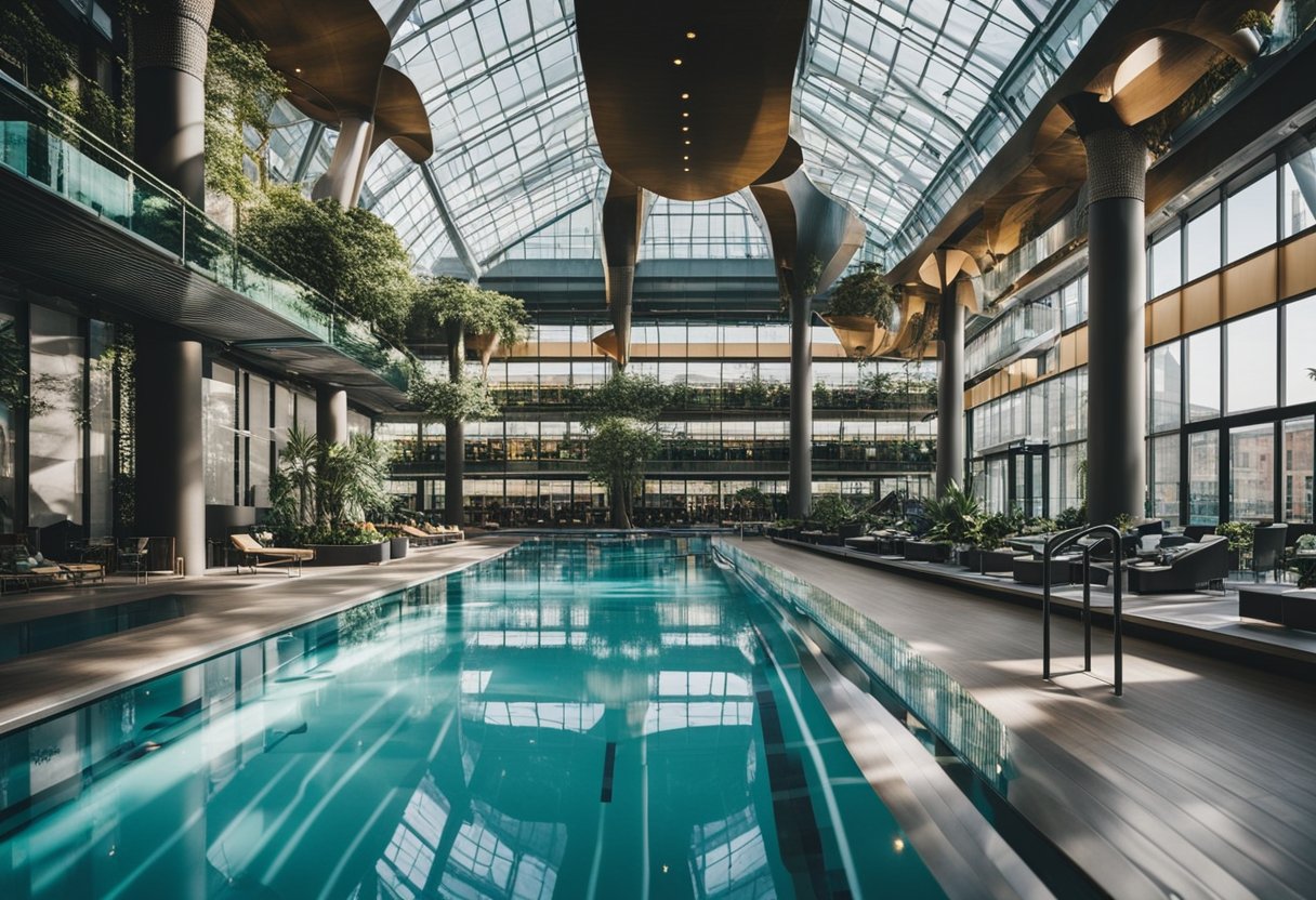 A bustling Leisure and Wellness Center in Berlin, Germany, with multiple swimming pools, lounging areas, and vibrant decor