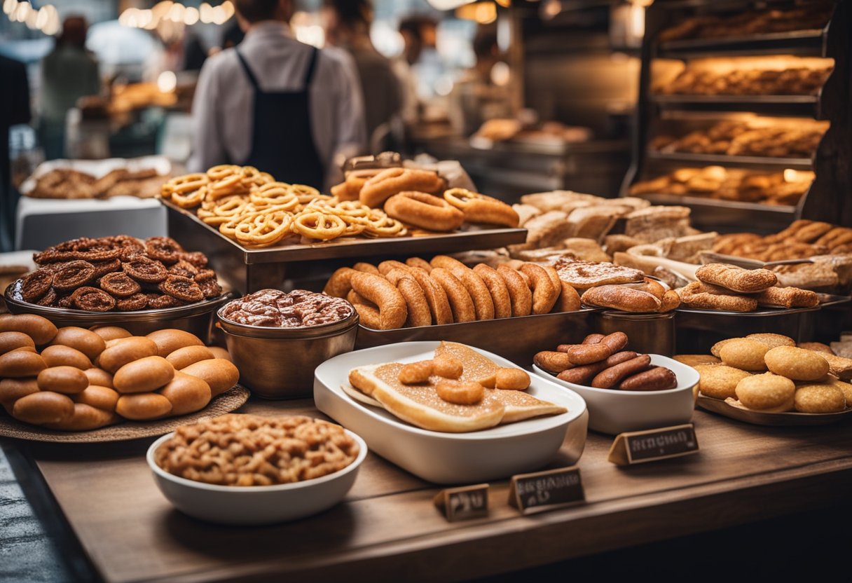 A table covered with various German delicacies, including pretzels, sausages, schnitzel, and strudel, with a backdrop of a bustling market in Berlin, Germany