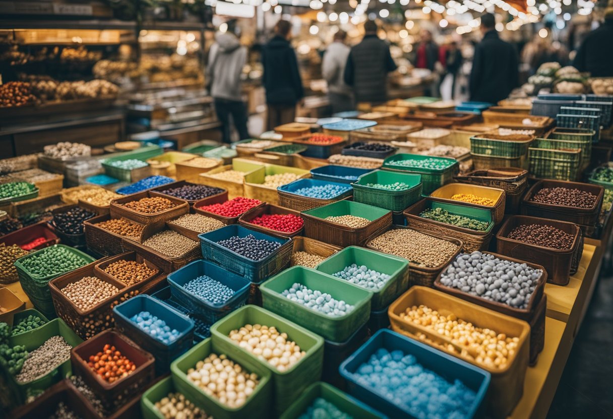 A bustling market in Berlin, Germany, filled with unique art and cultural collectibles. Vibrant colors and diverse items on display