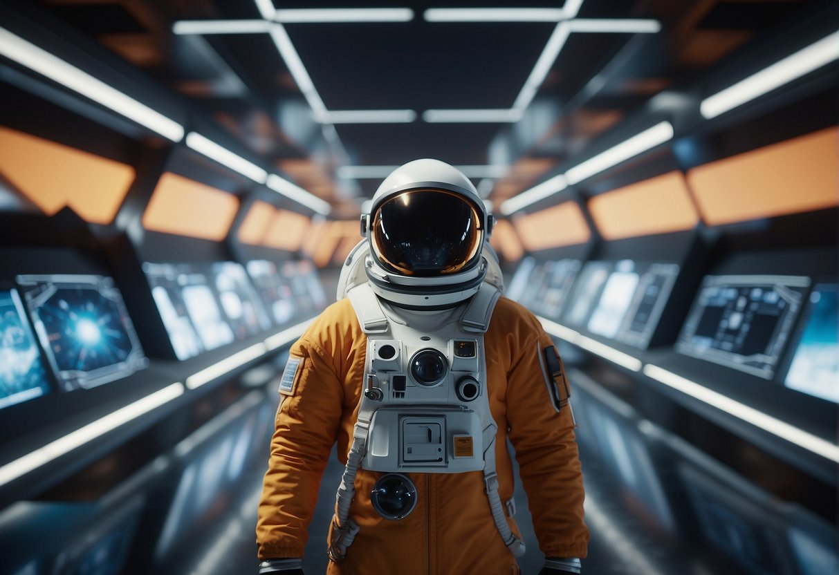 A virtual astronaut navigates through a digital space, surrounded by advanced visualization tools and futuristic technology