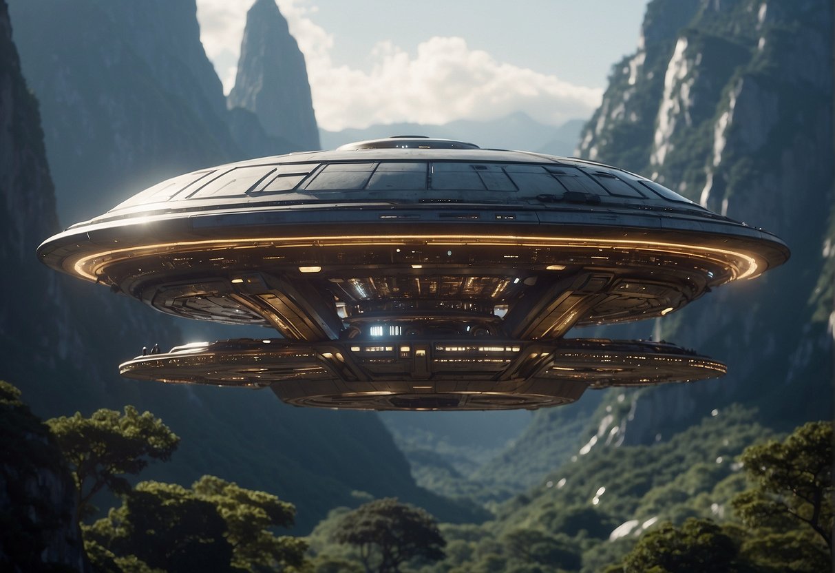 A virtual spaceship hovers above a diverse landscape, surrounded by futuristic technology and educational displays. The scene exudes a sense of cultural and educational impact, hinting at the potential for physical travel in the future