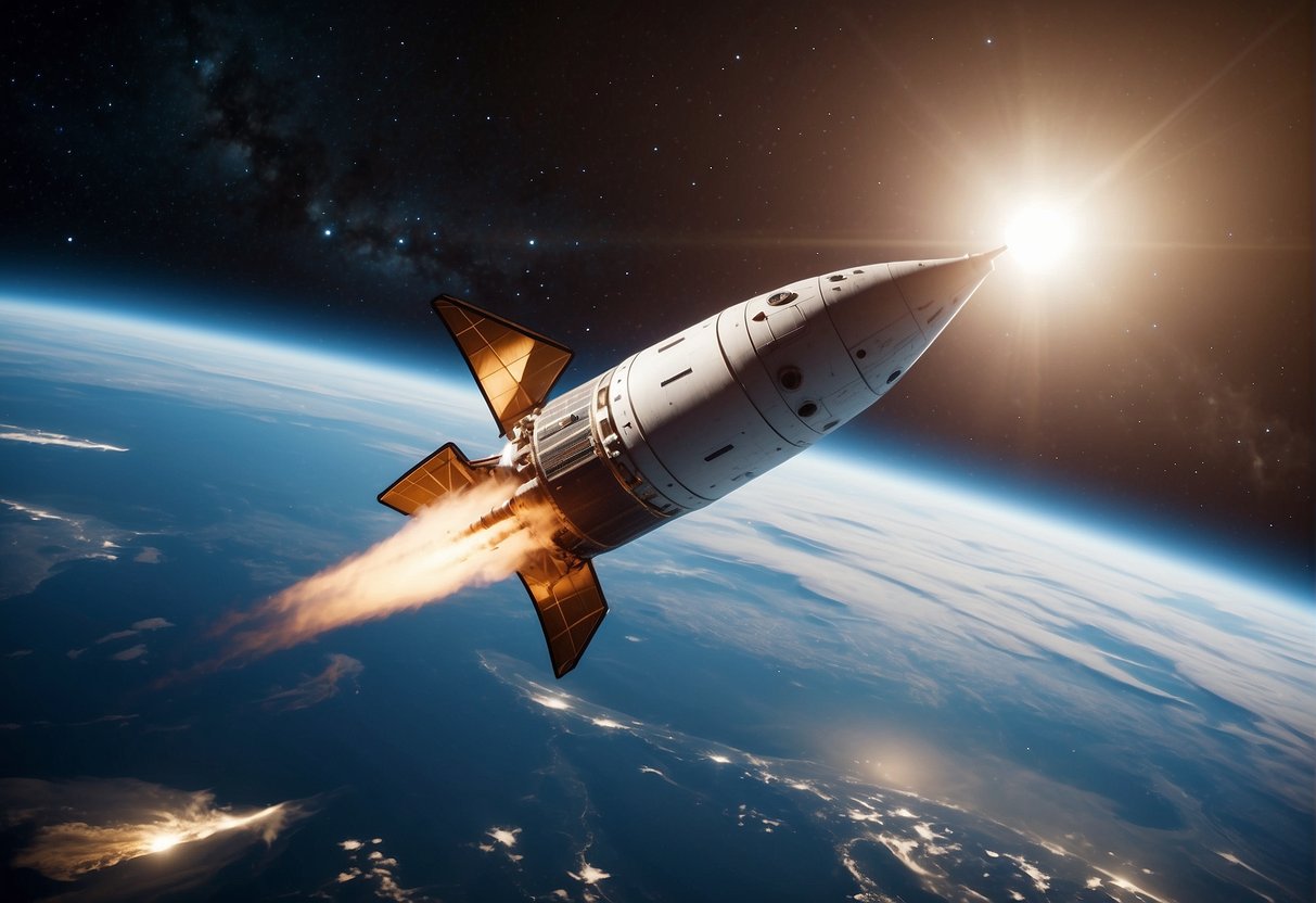 A rocket launches into space, with Earth in the background. A futuristic space hotel orbits nearby, while insurance documents float in zero gravity