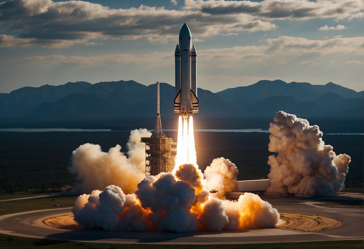 A rocket launches from Earth, carrying tourists into space. Insurance companies monitor closely