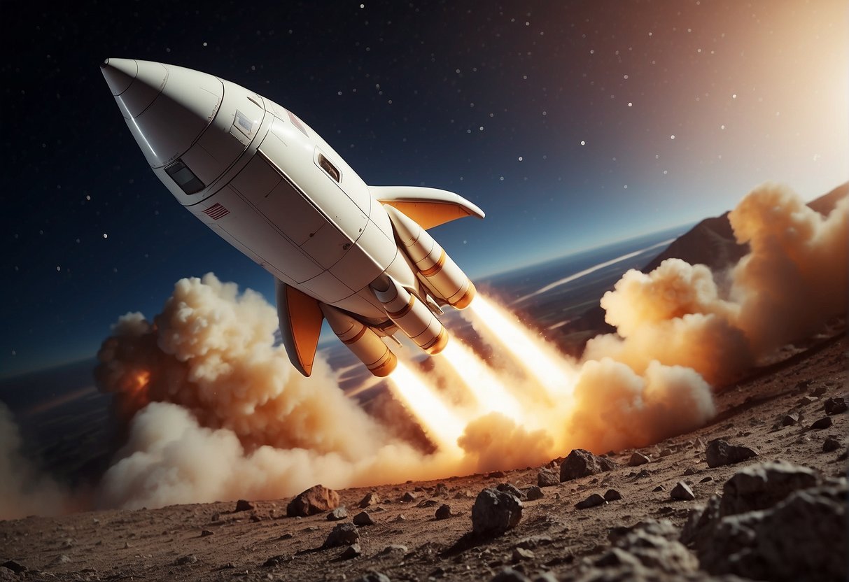 A rocket launching into space with a price tag and insurance documents floating in the background