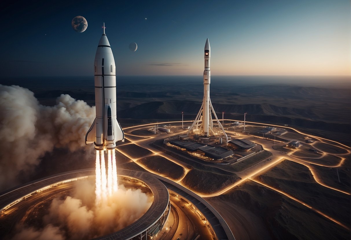 A rocket launches into space, with Earth in the background. A futuristic space hotel orbits nearby, while a spacecraft ferries tourists to and from the station
