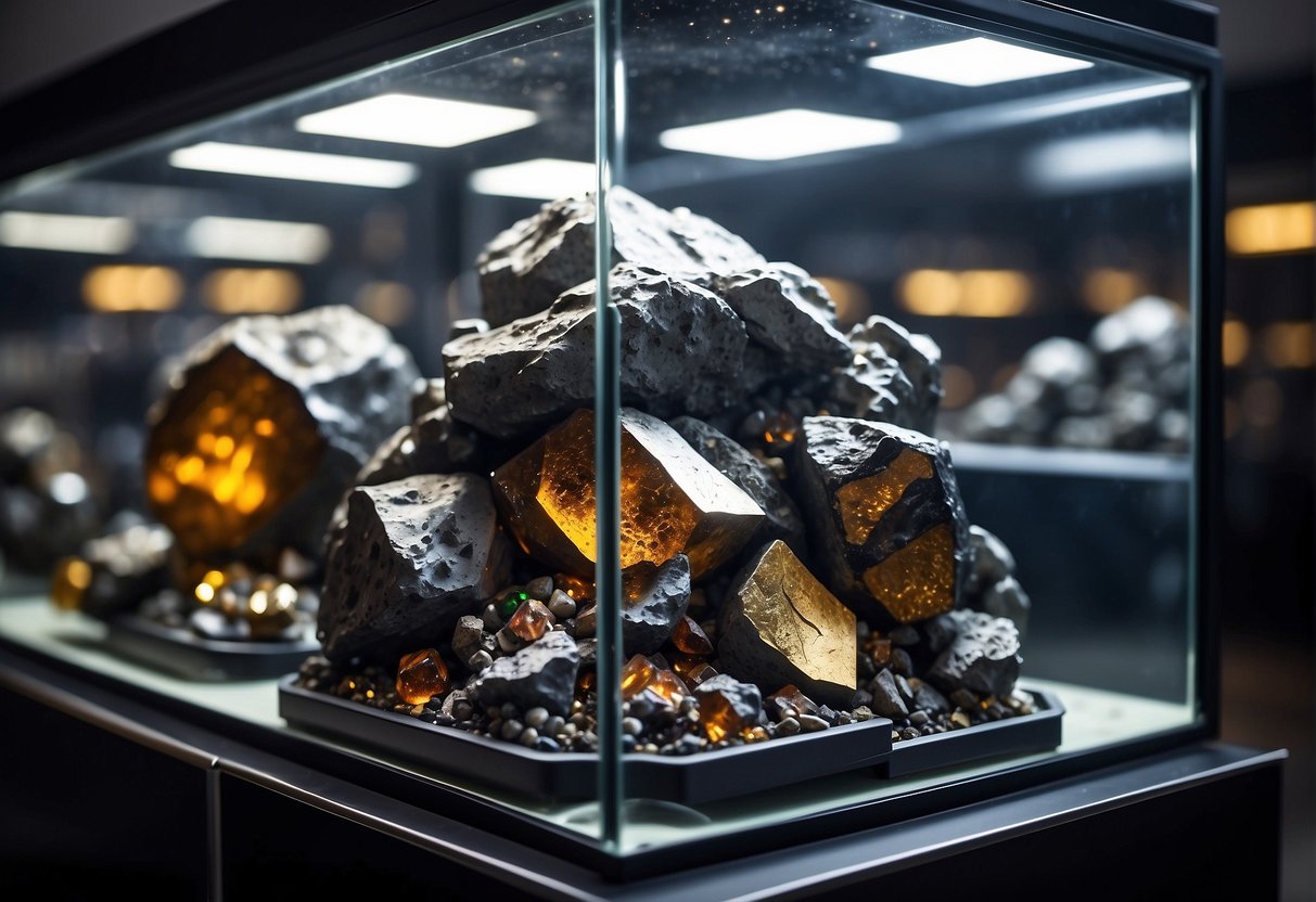 A collection of meteorite fragments, moon rocks, and space dust displayed in glass cases, surrounded by futuristic spacecraft models and cosmic artwork