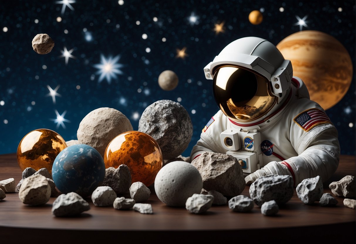 A collection of space souvenirs displayed on a shelf, including meteorite fragments, moon rocks, and astronaut gear. The background shows a starry sky and distant planets