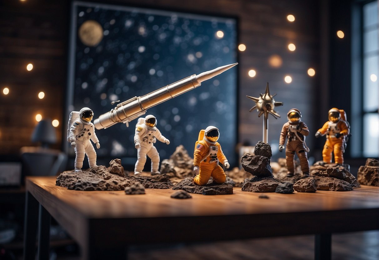 A table displays telescopes, star maps, and meteorite fragments. A model rocket and astronaut figurines sit nearby. Posters of galaxies adorn the walls