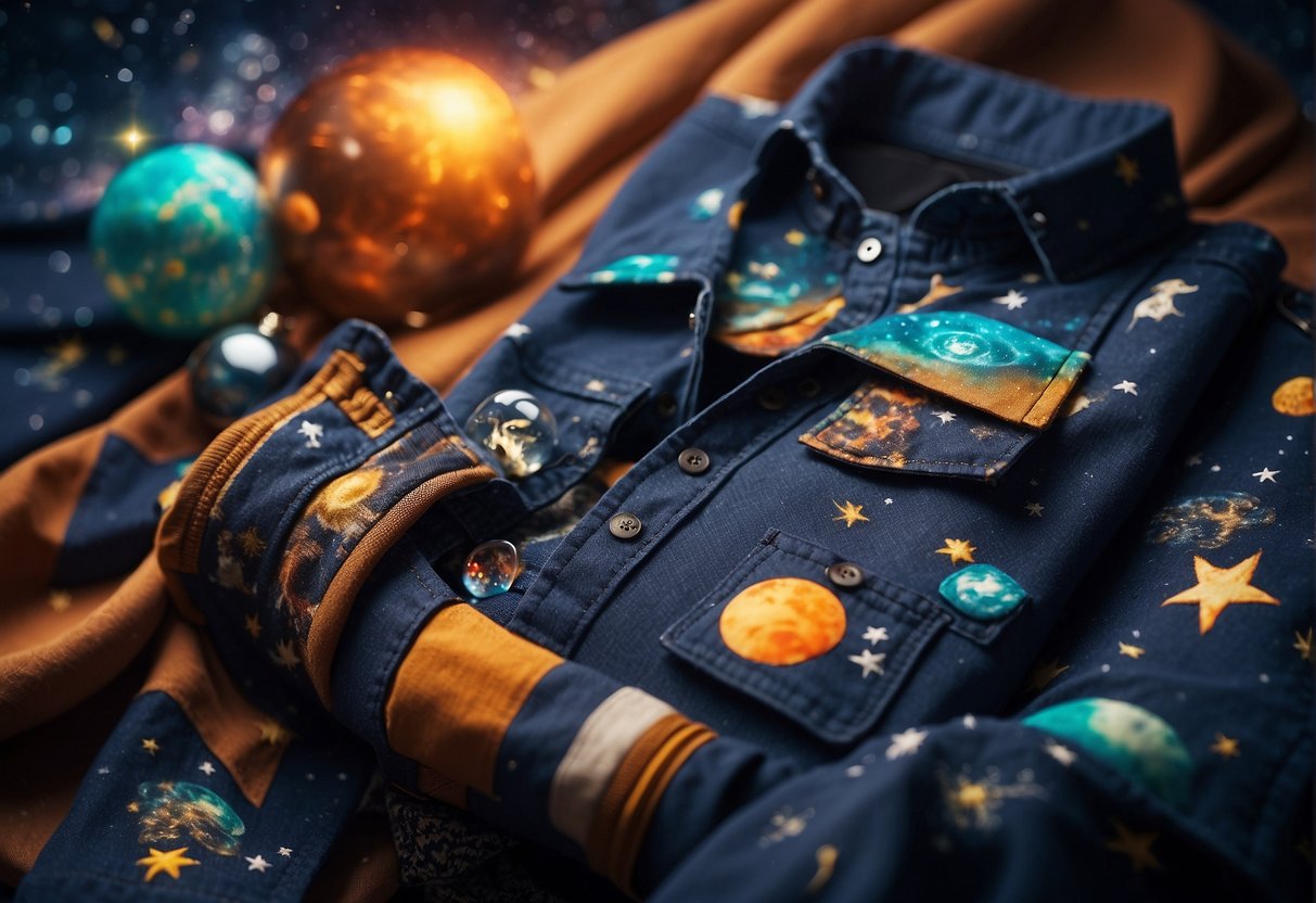 A display of space-themed clothing and accessories, with colorful cosmic patterns and celestial imagery, surrounded by glowing stars and planets