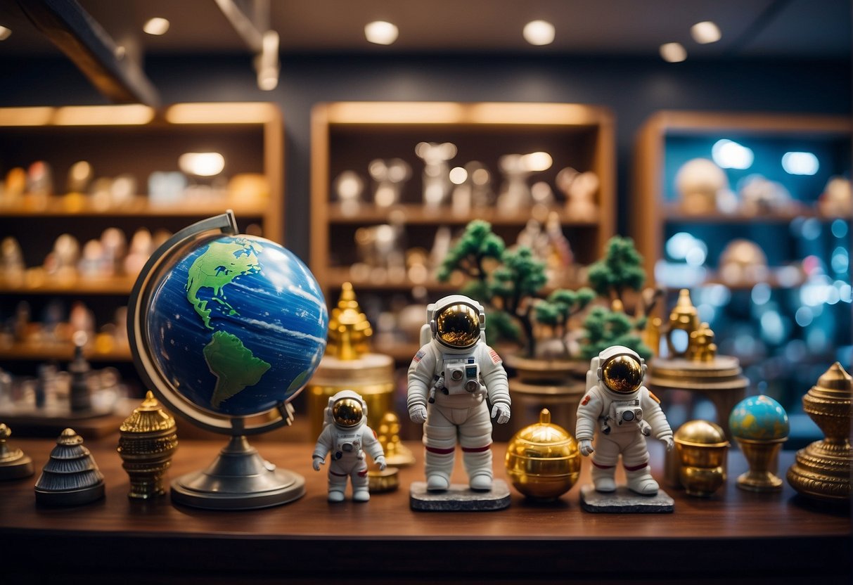 A display of colorful space-themed trinkets and souvenirs, including miniature rockets, astronaut figurines, and glow-in-the-dark planet models, arranged on shelves in a futuristic-looking space gift shop