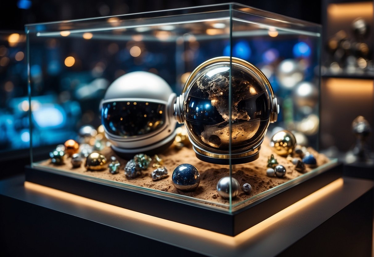 A display of space-themed souvenirs, including models of planets, astronaut helmets, and meteorite fragments, arranged on a sleek, futuristic-looking stand