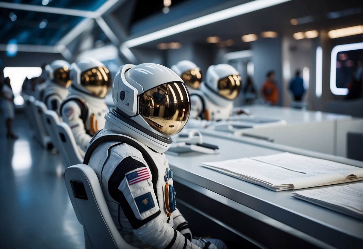 Spacecraft docked at a futuristic spaceport, with legal documents and regulations displayed prominently. A group of tourists in space suits awaits departure