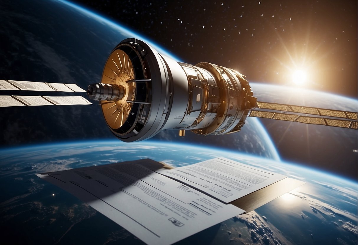 A spacecraft orbits Earth, displaying legal documents on space travel and tourism. A rescue vehicle stands by, ready to assist