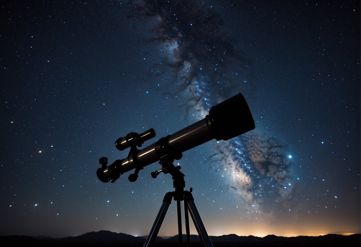 Celestial Photography:  Vast night sky, stars twinkling, a crescent moon hanging low, and distant galaxies visible through a telescope