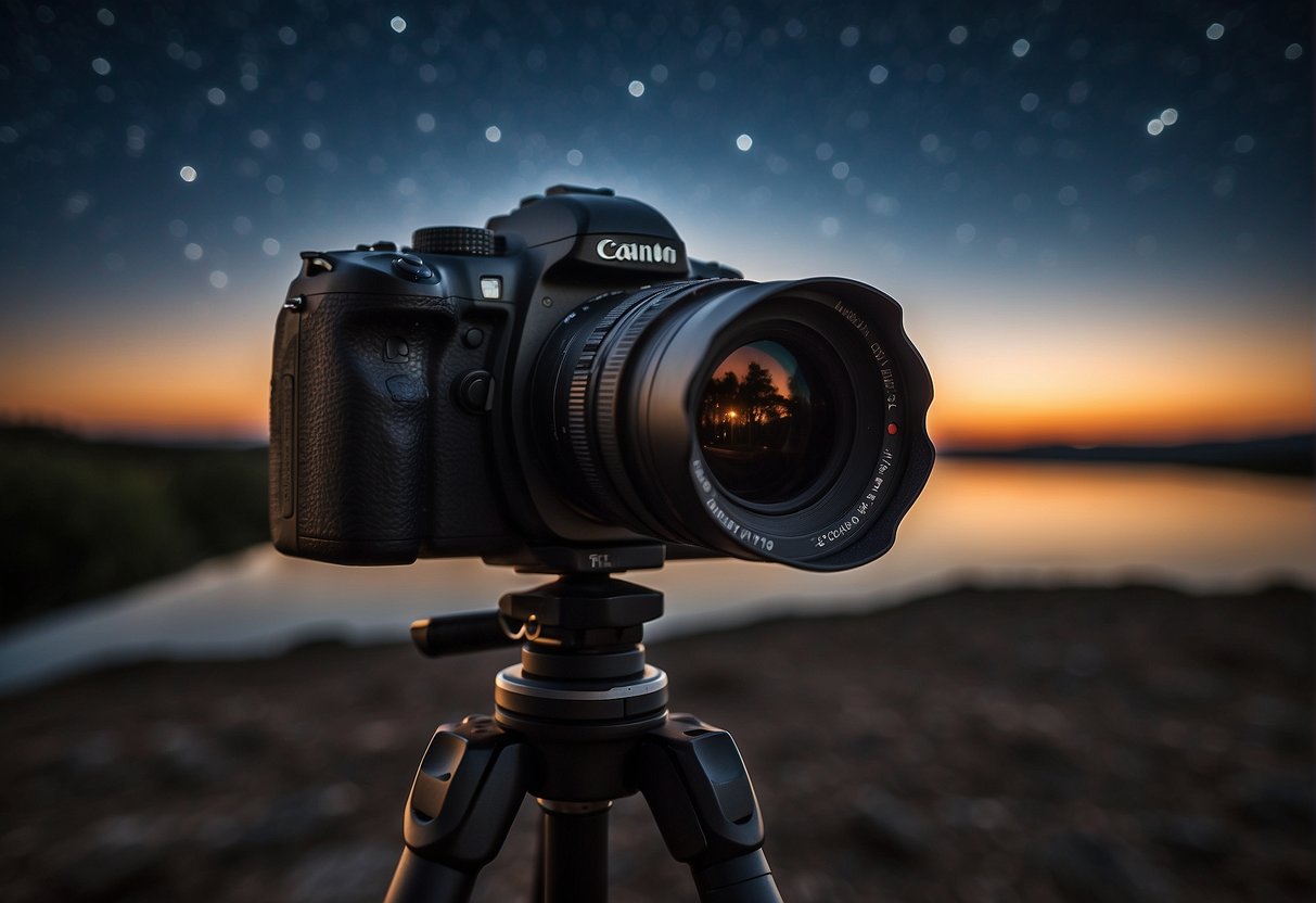 A camera pointed towards the night sky, capturing the stars and planets in the darkness, with a tripod and remote shutter release nearby