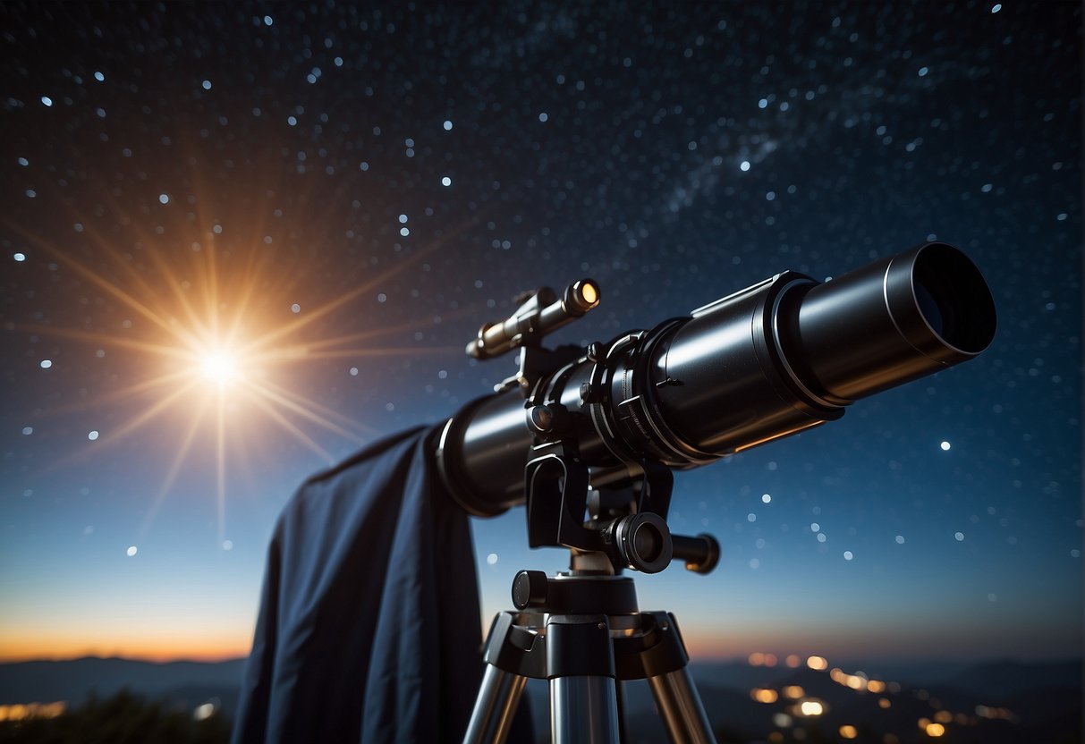 A telescope points towards the night sky, capturing stars and planets. A camera is attached to the telescope, capturing the celestial wonders in stunning detail