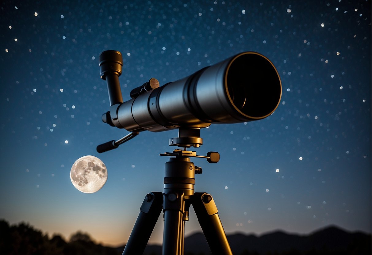A telescope pointed towards the night sky, capturing the moon and stars in crisp detail. A tripod stabilizes the camera, and a remote shutter release is in use