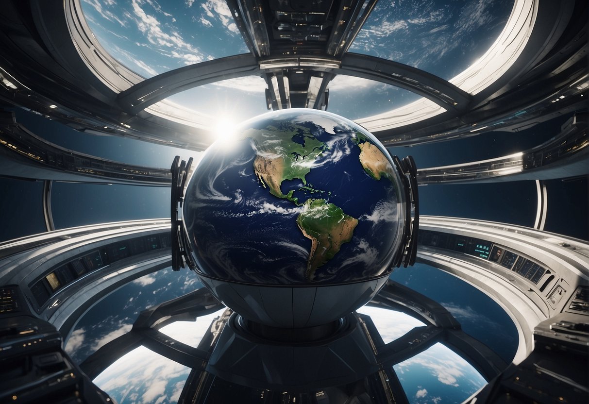 A futuristic space station orbits Earth, with sleek design and large windows for tourist viewing. Ethical guidelines and regulations are displayed prominently