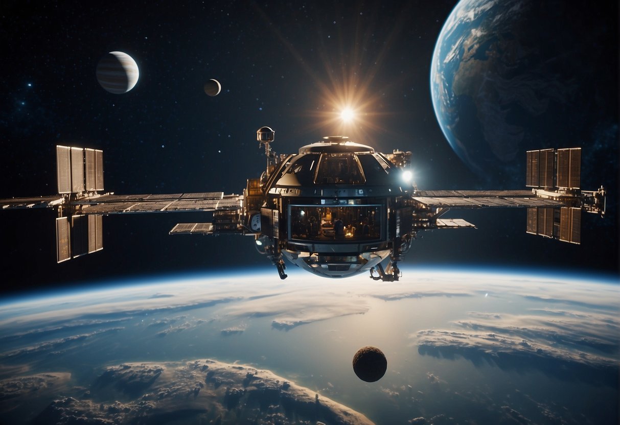 A spacecraft hovers above a planet, transmitting data to Earth. Advanced technology and communication devices are visible inside the spacecraft. Safety equipment and health monitors are strategically placed throughout the cabin