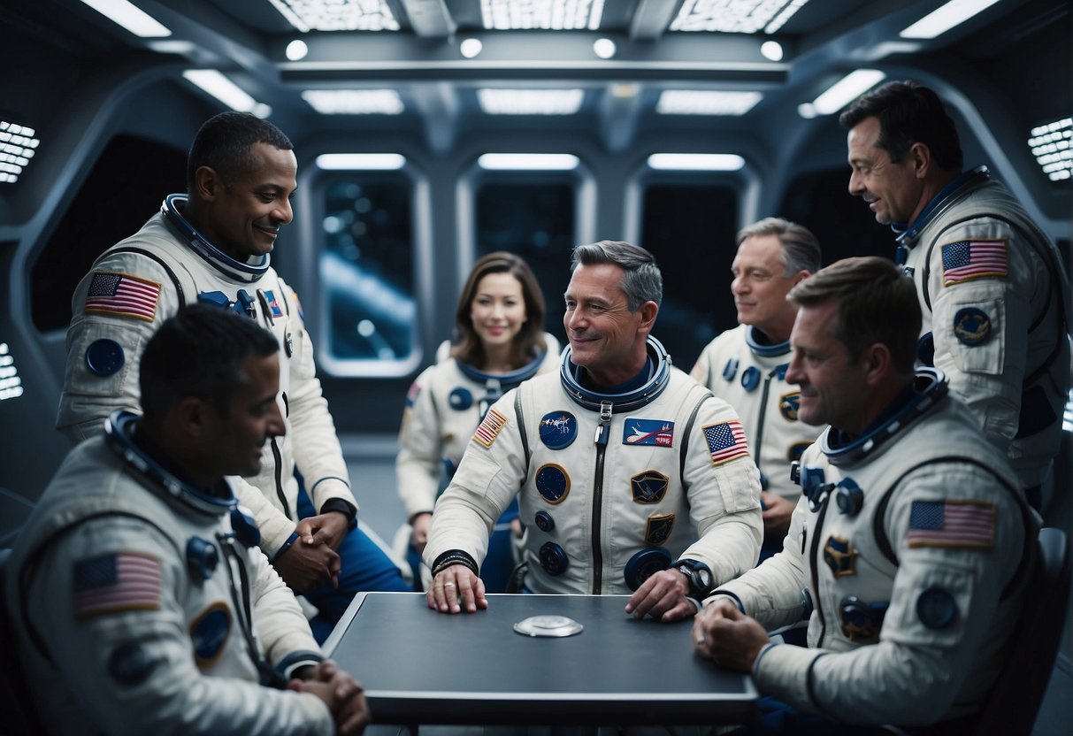 A group of astronauts engage in team-building exercises, meditate, and attend mental health workshops in a futuristic space station